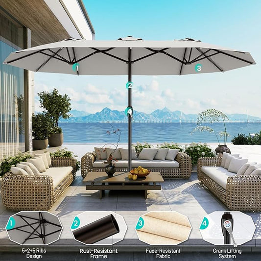 AreShark 15FT Outdoor Patio Umbrella with Crank, Large Rectangular Market Umbrella, Double-Sided Outdoor Umbrellas with Cross Base & Sandbag for Porch, Lawn, Pool, Backyard, Light Gray