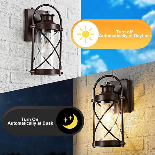 OKELI Dusk to Dawn Outdoor Wall Lights Fixtures, Waterproof Exterior Lighting Fixtures with Photocell Sensor,Vintage Coffee-Bronze Metal Cage Lantern Outside Lights for Porch Patio House Garage
