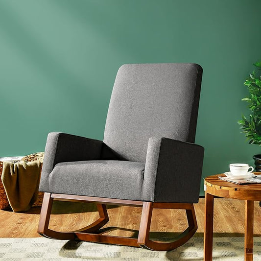 Giantex Upholstered Rocking Chair, Modern Fabric Armchair w/Wood Base, Side Pocket, Linen Padded Seat, High Back Accent Glider Rocker Chair, Mid-Century Leisure Chair for Nursery, Living Room (Gray)