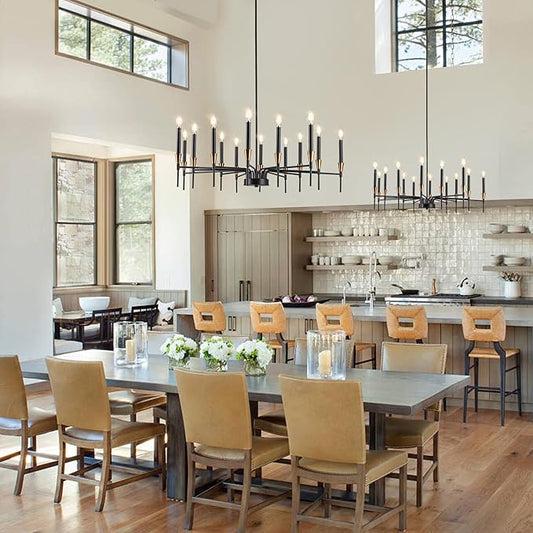 Black and Gold Farmhouse Chandelier 14 Light Large Candle Chandelier for Bedroom 31.5IN Black Chandeliers for Dining Room, Living Room, Foyer, Large Chandeliers for High Ceilings Height Adjustable