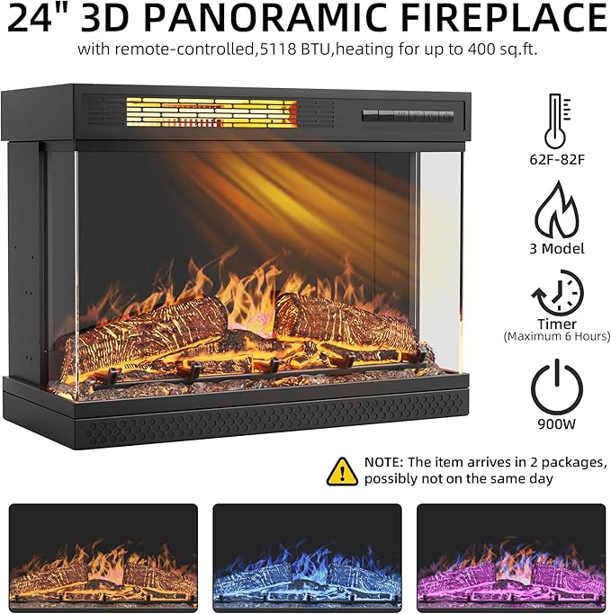 YESHOMY Glass Fireplace TV Stand for Televisions up to 65", Media Entertainment Center Console Table with Doors Closed Storage, Black