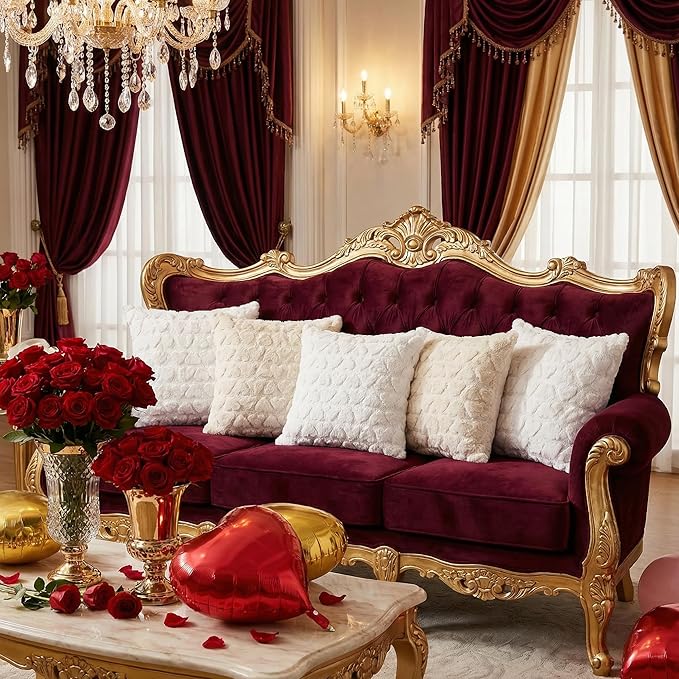 Valentine Pillow Covers 20x20 Inch Set of 2 Valentines Day Decorations Heart Cream White Heart Plush Faux Fur Pillow Covers for Sofa Bed Living Room Holiday Home Decor