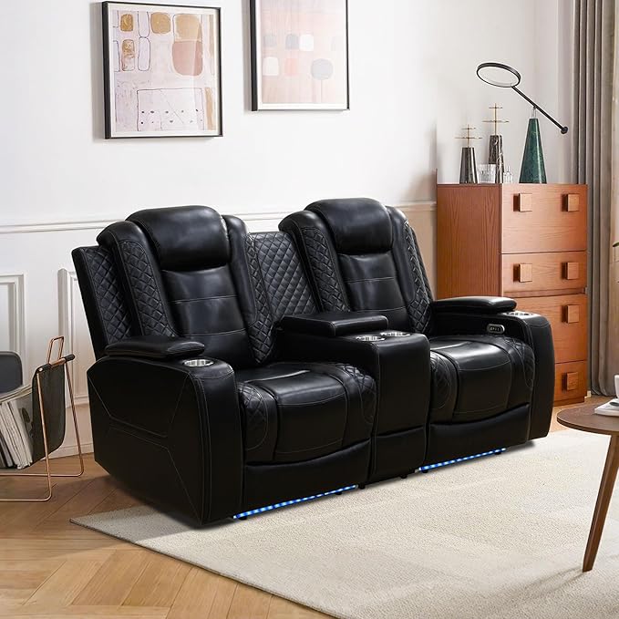 Air Leather Recliner Loveseat with Cup Holder&Storage Console, Reclining Couch for RV Living Room Home Theater (Black Upgared)