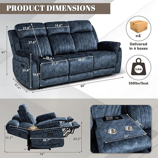 Zero Gravity Power Recliner Sofa Couch – Electric Reclining Sofa with Drop Down Table & Wireless Charging, 3 Seater Reclining Couch with Adjustable Headrests for Living Room (Velvet, Blue)