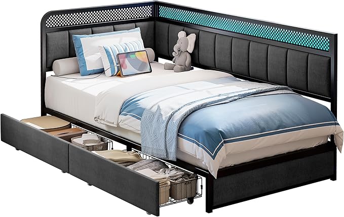 LIKIMIO Twin Corner Bed Frame with Storage Drawers and Charging Station, Modern Twin Daybed with LED Lights and Upholstered Guardrail, Gray