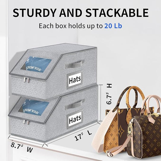 Aokeyee Hat Organizer for Baseball Caps - 2PCS Stackable Storage with Clear Window Lid, Flip-Top Access, Space-Saving Hat Box for Closet, Breathable Fabric (Grey)