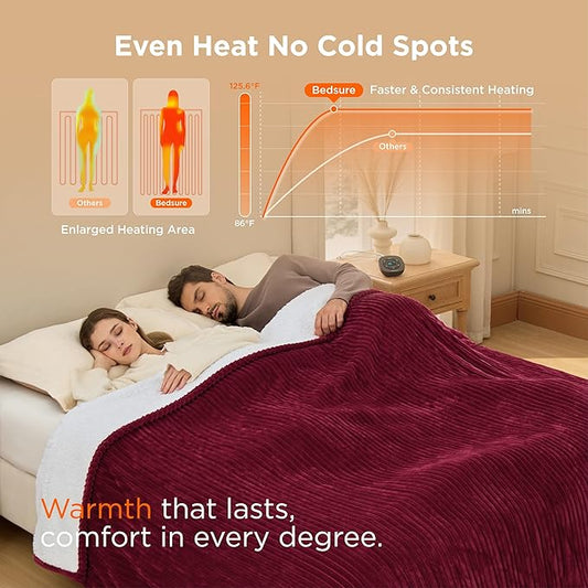 Bedsure GentleSoft Electric Blanket King Size - Soft Ribbed Flannel Heated Blanket with Dual Control, Heating with 10 Heat Settings & 10 Time Settings, 8 hrs Timer Auto Shut Off (90"x100", Burgundy)