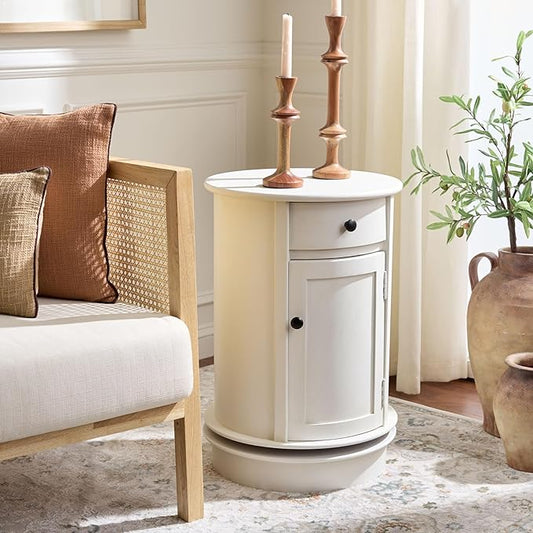 SAFAVIEH Home Collection – Tabitha Ivory Accent Table, Round Swivel Side Table with 1 Drawer & Interior Cabinet Storage, Classic Pedestal Design, Fully Assembled (AMH5712J)