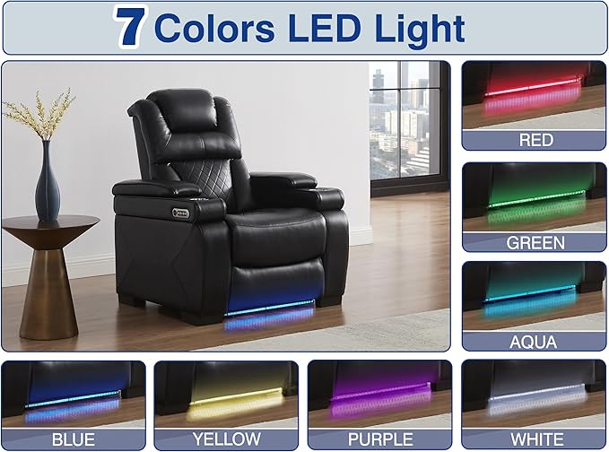 THSUPER Power Breathable Leather Reclining Chair with 7-Color LED Light, Living Room Recliner Chair with Adjustable Headrest/USB Port/Cup Holder/Storage Arm for Living Room, Black