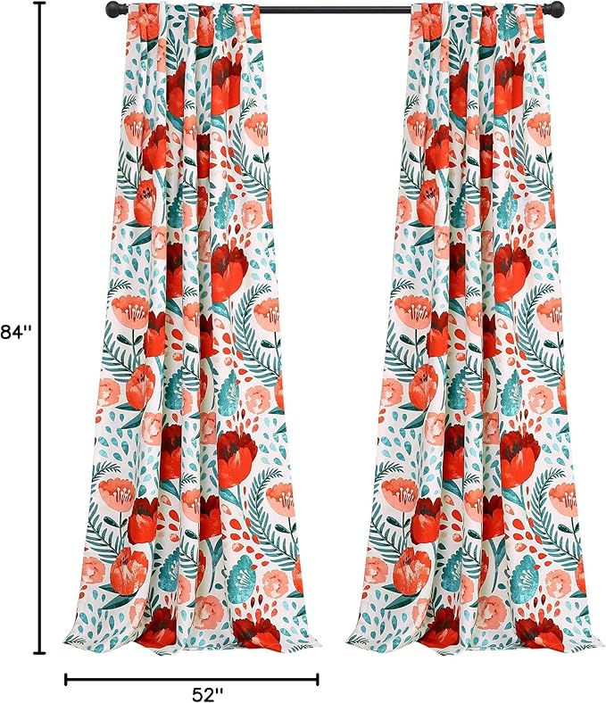 Lush Decor Poppy Garden Curtains Light Filtering Window Set for Living, Dining, Bedroom, 84 in L Panel Pair, Multi