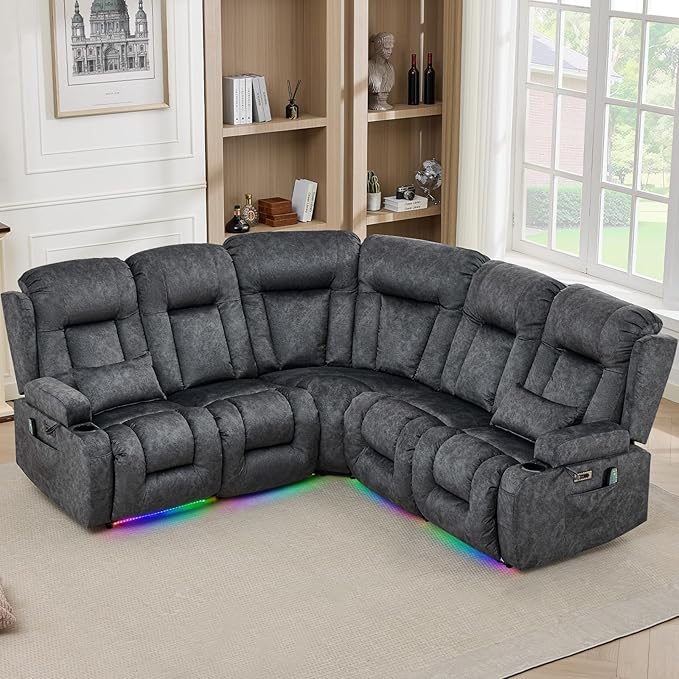 IPKIG Electric Reclining Sectional Sofa, 5-Seater L-Shaped Power Recliner Couch, Wall Hugger Reclinable Movie Seating with Flip-up Backrest, LED Lights, USB+AC Outlets (Dark Grey, 5 Seaters) | Vlvet Fabric, Zero Gravity, Dual Reclining, 2 Lumabr Pillow...