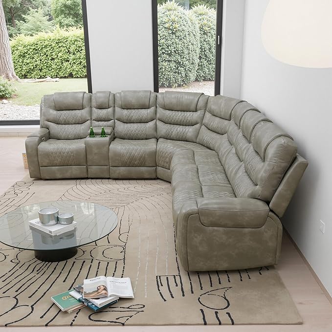 Breathing Leather Recliner Sectional Sofa with LED, Power Reclining Sectional Couch for Living Room, L Shaped Recliner Couch 6 Seat with USB Port&Cup Holders (Grey)