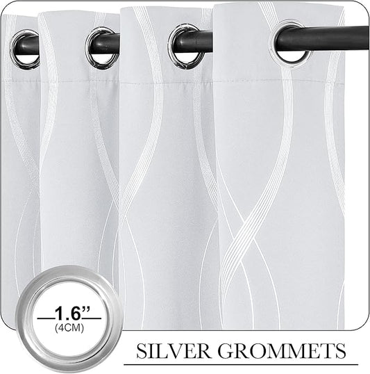 NICETOWN Greyish White Room Darkening Cafe Curtain Panels, 42" Wide x 48" Long, Window Treatment Thermal Insulated Grommet Wave Line Printed Drapes for Kitchen, 2 Pieces