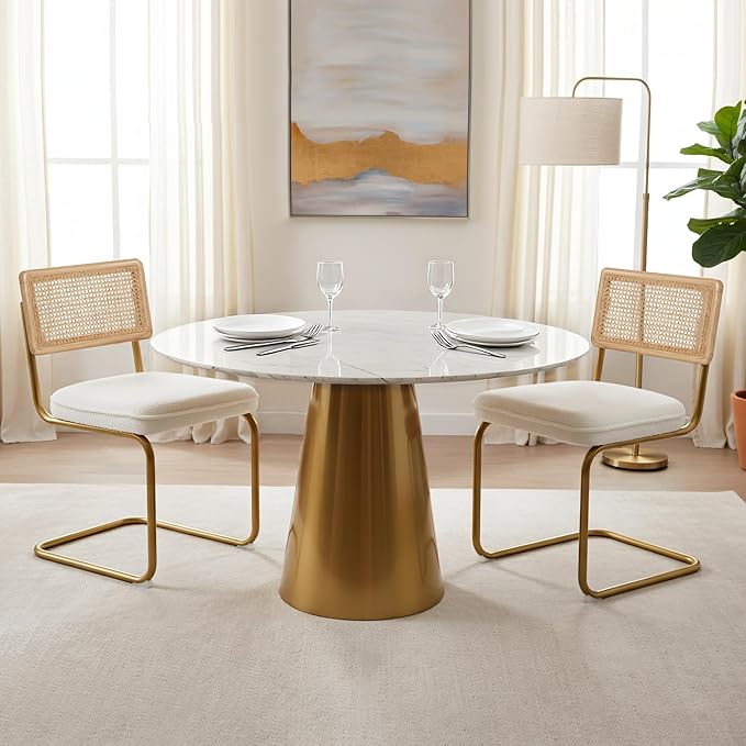 CangLong Rattan Dining Chairs Set of 2, Modern Kitchen Chairs with Natural Mesh Rattan Backrest & Solid Thick Metal Legs, Upholstered Fleece Armless Side Chairs for Living Room, Study, Cream