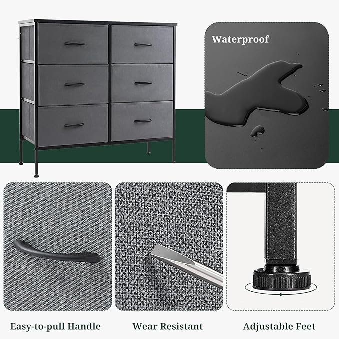 6-Drawer Dresser for Bedroom, Anti-Tip Wide Storage Organizer Chest of Drawers with Wooden Top and Metal Frame Fabric Bins for Closet, Living Room, Hallway, Entryway, Gray