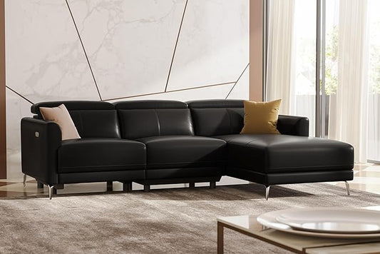 Valencia Andria 99.5" Leather Reclining Sectional Sofa, 3 Seater Reclining Couch with Right Hand Chaise | Italian Nappa 11000 Top Grain Leather | Power Reclining Seat with Adjustable Headrests - Black