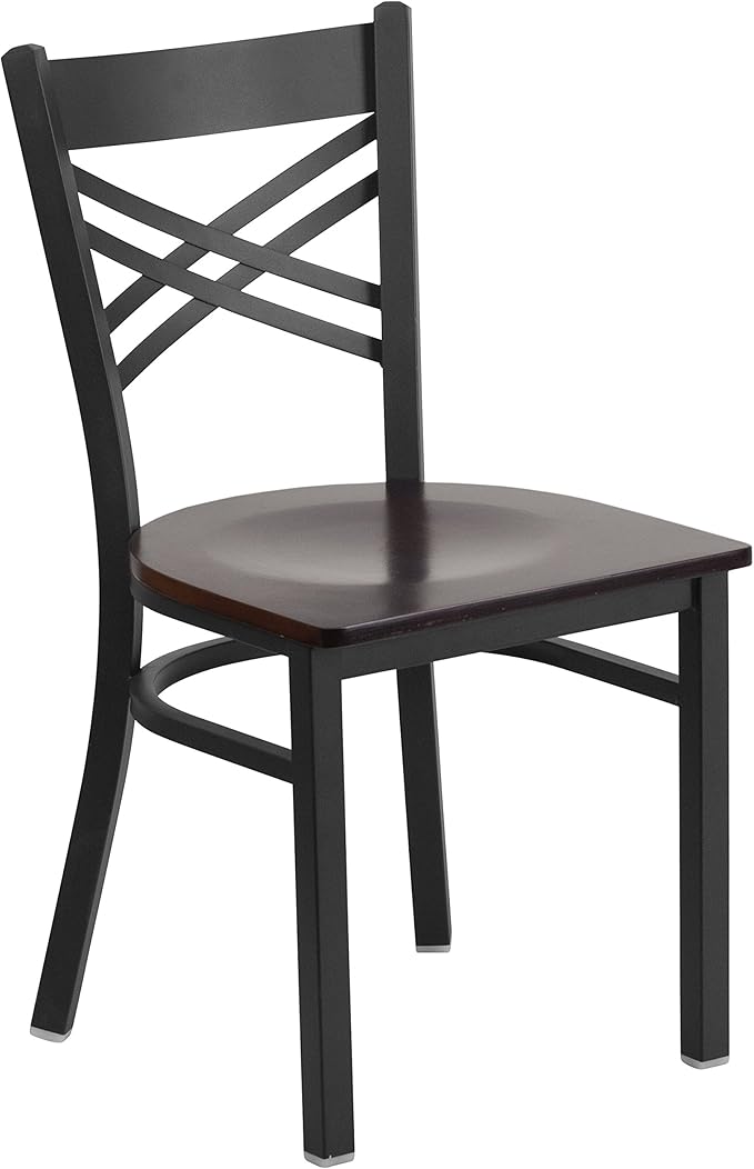Flash Furniture HERCULES Series Black ''X'' Back Metal Restaurant Chair - Walnut Wood Seat
