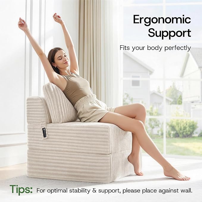 4-in-1 Folding Sofa Bed Convertible Chair Couch Foldable Chaise Lounger & Mattress Pocket Coils+Foam Fill, Portable No Assembly Boneless Floor Futon for Living Room/Bedroom, Beige Single