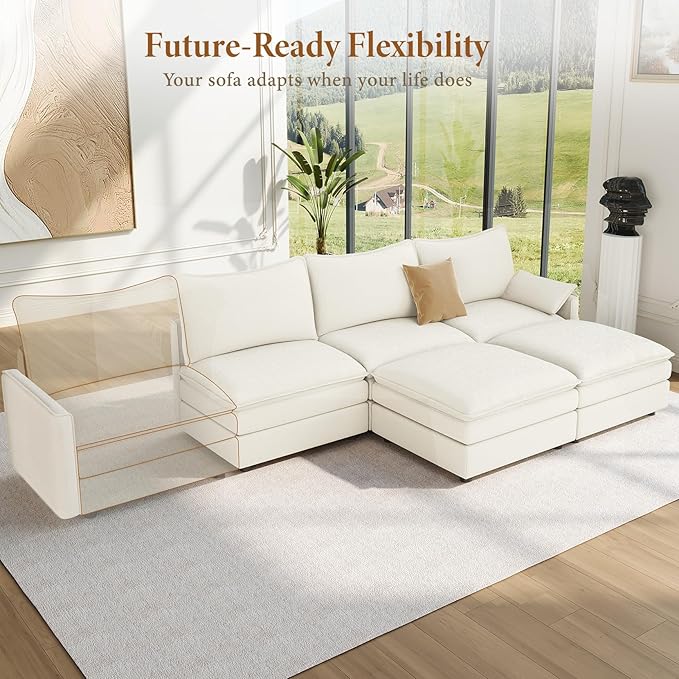 Vesgantti 108" U Shaped Sectional Couch, Comfy Cloud Modular Sectional Sofa with 2 Ottoman Deep Seat Chenille Modern Cloud Sofa, Modular Sofas for Living Room, Bedroom and Apartment, Snow White | Sink-in Comfort, Height Adjustable, Easy Rearrangement, ...