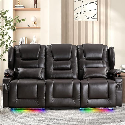 Oprisen 3-Seater Power Recliner Sofa Couch Flip Middle Backrest Reclining Sofa Chair for Living Room with Charging Station/Cup Holders/LED Ambient Light