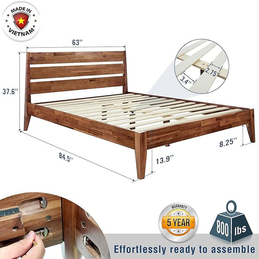 Acacia Emery Bed Frame with Headboard Solid Wood Platform Bed, King Size Bed Frame, Mid - Century Modern Wood Bed Compatible with All Mattresses, Easy Assembly, Non-Slip (Walnut, Queen)