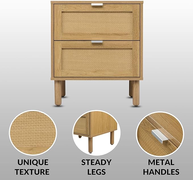 SANGO Orre 2-Drawer Nightstand, Modern Brown Bedside Table with Synthetic Rattan Drawer Panels, Cylindrical Wood Legs, Discreet Finger Pulls, Smart Storage for Living Room or Office Room