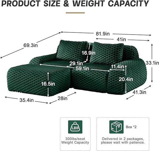 KEIKI 81.9" Loveseat Boneless Couches for Small Living Room, Flexible Modular Sectional Velvet Sofa with Ottoman, Plush Deep Seat Lounge Couch for Apartment Furniture, Chaise Lounge Indoor, Green