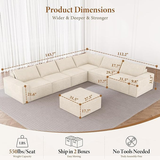 Vesgantti 143.7" Oversized Boneless Couch, Modern 7 Seater Modular Sectional Sofa with Deep Seat, Convertible Chenille Cloud Couches for Living Room, No Assembly Required, Beige