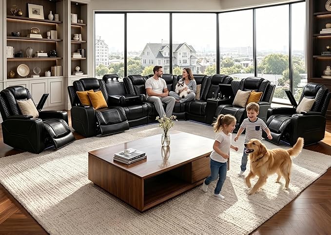 Power Reclining Sectional Sofa Set with LED, Living Room Furniture Sets, Leather Recliner Couch for Living Room/Home Theater, Sectional Couch and Chair with 4 Recliners, USB Port/Hide-Away Storage