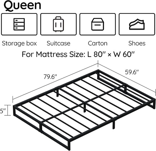 5 Inch Queen Bed Frame Metal Platform Mattress Foundation with Steel Slat Support, No Box Spring Needed, Easy Assembly, Black