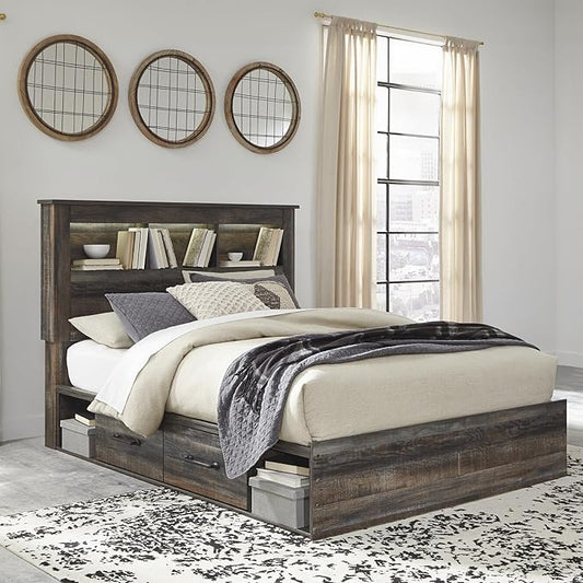 Signature Design by Ashley Drystan Rustic Queen Bookcase Bed with 4 Storage Drawers, Open Cubbies and LED Light, Foundation or Box Spring Not Needed, Dark Brown & Gray