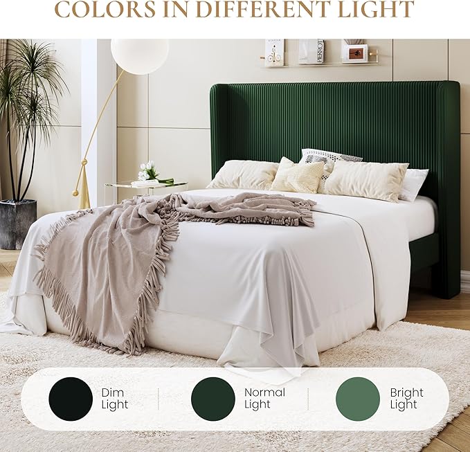 SHA CERLIN Full Size Corduroy Upholstered Platform Bed Frame with Vertical Channel Tufted Wingback Headboard, 8" Under Bed Storage, Wooden Slats & Metal Frame Support, Easy Assembly, Dark Green