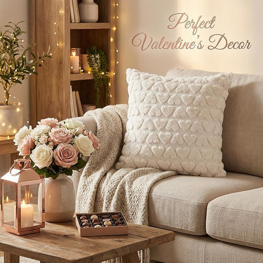 Valentine Pillow Covers 18x18 Inch Set of 2 Valentines Day Decorations Heart Cream White Heart Plush Faux Fur Pillow Covers for Sofa Bed Living Room Holiday Home Decor