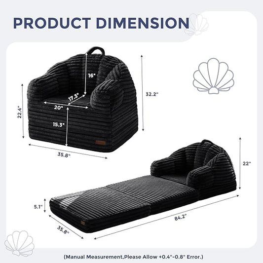 MAXYOYO Folding Sofa Bed, 2 in 1 Convertible Sofa to Lounger Comfy Faux Fur Bean Bag Chair for Adults, Floor Single Sleeper Couch Chair with Handle, Couch Bed for Living Room Bedroom, Black