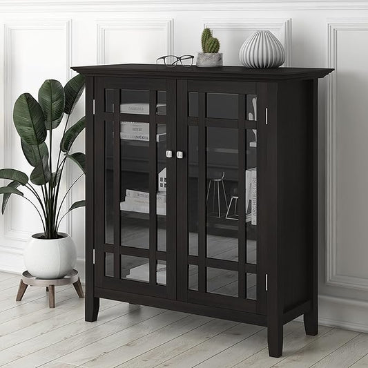 SIMPLIHOME Bedford Storage Cabinet - 39 inch Wide Solid Wood Medium Cabinet in Hickory Brown, Transitional Console for Living Room, Entryway, or Dining Room with Glass Doors and Adjustable Shelves