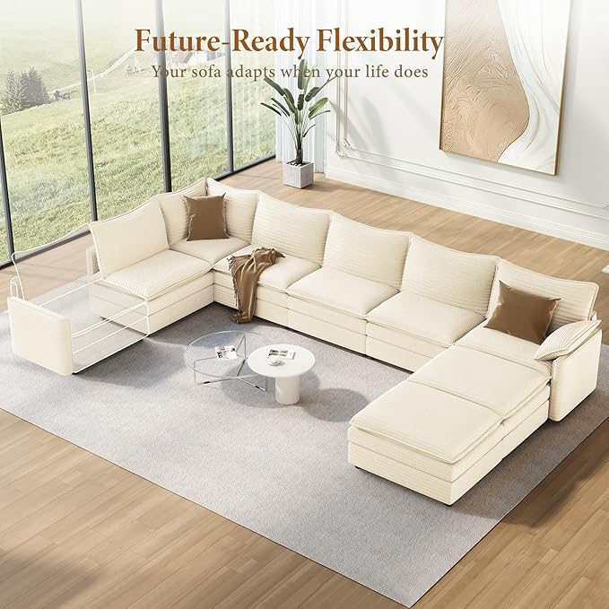Vesgantti Large Modular Sectional Sofa, Big Comfy Cloud Couch with Ottoman Deep Seat Corduroy Cloud Sofa, 8 Seater Large Sectional Couches for Living Room, Bedroom and Apartment, Beige | Sink-in Comfort, Height Adjustable, Easy Rearrangement, Extra-dee...