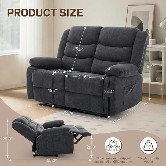 Korser Loveseat Recliner Sofa for RV Furniture and Theater Seating, Wall Hugger Loveseat Recliner, Oversized Loveseats Couch with Front Porckets&Side Pockets, Fabric, Grey