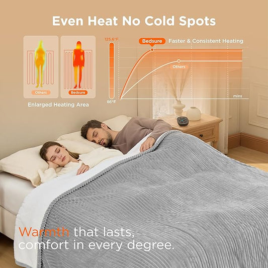 Bedsure GentleSoft Electric Blanket King Size - Soft Ribbed Flannel Heated Blanket with Dual Control, Heating with 10 Heat Settings & 10 Time Settings, 8 hrs Timer Auto Shut Off (90"x100", Light Grey)