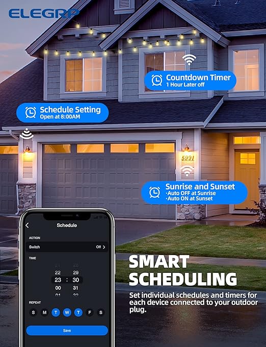 ELEGRP PQR10 Outdoor Smart Plug Waterproof IP66, WiFi Plug Compatible with Alexa & Google Assistant, Smart Outdoor Outlet for String Lights, No Hub Required, 1875 Max, UL Certified, 1 Pack, Black
