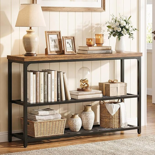 47" Console Table with Storage, 3-Tier Narrow Entryway Table, Sofa Table with Mesh Shelves, Console Tables for Living Room, Bedroom, Hallway, Entryway, Foyer, Rustic Brown