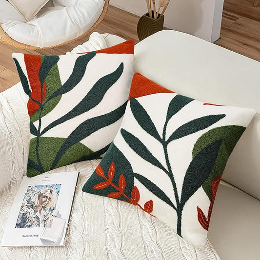Merrycolor Boho Decorative Throw Pillow Covers 18x18 Tufted Abstract Mid Century Modern Pillow Covers Aesthetic Boho Pillows Decorative Pillows for Bed Couch Sofa Living Room Dark Green Orange(B)