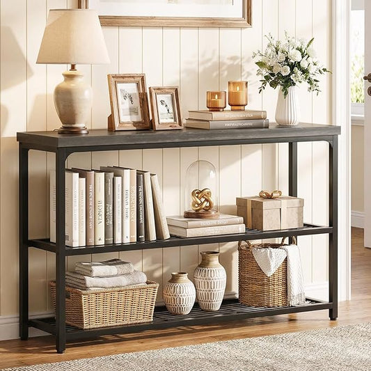 47" Console Table with Storage, 3-Tier Narrow Entryway Table, Sofa Table with Mesh Shelves, Console Tables for Living Room, Bedroom, Hallway, Entryway, Foyer, Oak Grey