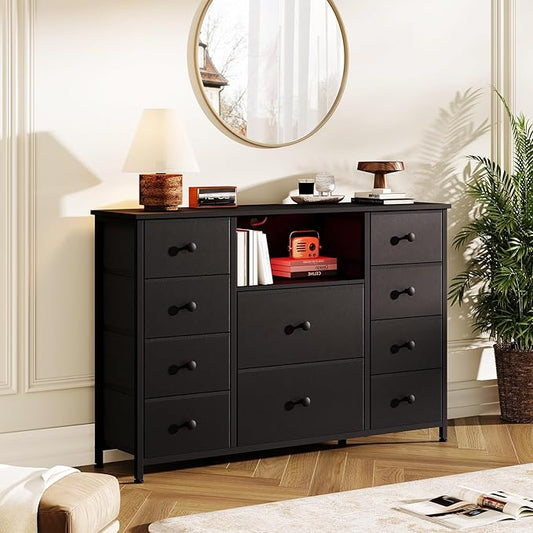 Dresser for Bedroom with 10 Drawers, Black Storage Organizer TV Stand for 55" TV with LED Lights and Sockets, Fabric Chest of Drawers with PU Finish for Kid Room, Entryway, Living Room, Hallway
