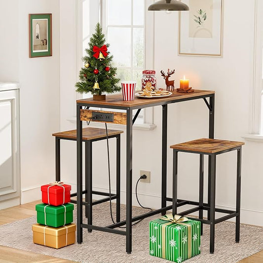 HOOBRO Bar Table and Chairs Set, 39.4" Dining Table Set with Power Outlet, 3-Piece Pub Table Set, Kitchen Bar Height Table with Stools of 2, Space Saving for Living Room, Rustic Brown BF45UBT01