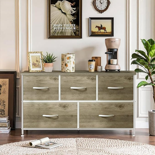5-Drawer Dresser for Bedroom, Anti-Tip Wide Storage Organizer Fabric Chest of Drawers TV Stand for 45" TV with Wooden Top and Metal Frame for Closet, Living Room, Hallway, Entryway, Greige Oak