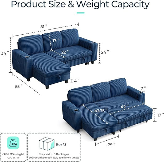LINSY HOME Sectional Sleeper Sofa with Pull Out Couch Bed Convertible Plush Corduroy Cloud Couch with Storage Chaise & USB Charging, Comfy L Shaped Modular Couches for Living Room Apartment (Blue) | Pull Out Sofa Bed, Storage, USB Charging, Cup Holders...