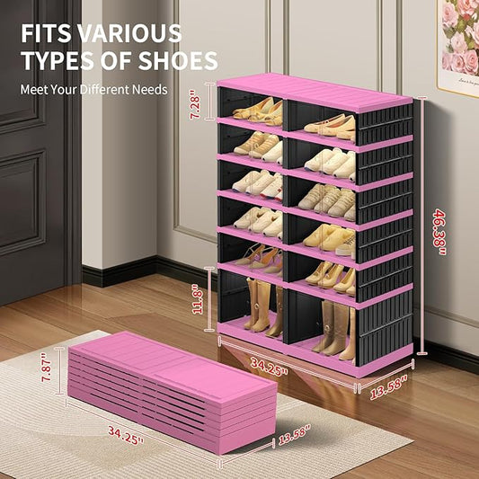 6-Tier Foldable Shoe Rack Organizer for Closet,24 Pairs Collapsible Plastic Shoe Shelf,Large Shoes Cabinet with Door,Clear Stackable Storage Box Easy Assembly(Black-Pink)