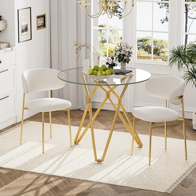 KEIKI 35.4-inch Round Tempered Glass Dining Table, Suitable for 1-4 People, Space-Saving Small Kitchen Dining Table, Equipped with Sturdy Metal Table Legs, Suitable for Dining Room, Living Room, Gold