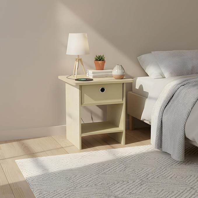 Furinno Dario End Table/Night Stand Storage Shelf with Bin Drawer, Beige Marble/Ivory, Set of 2
