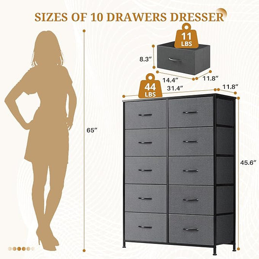10-Drawer Fabric Dresser, Chest of Drawers Clothes Cabinet for Closet & Bedroom, Storage Organizer with Steel Frame for Entryway, Dorm, Living Room, Grey